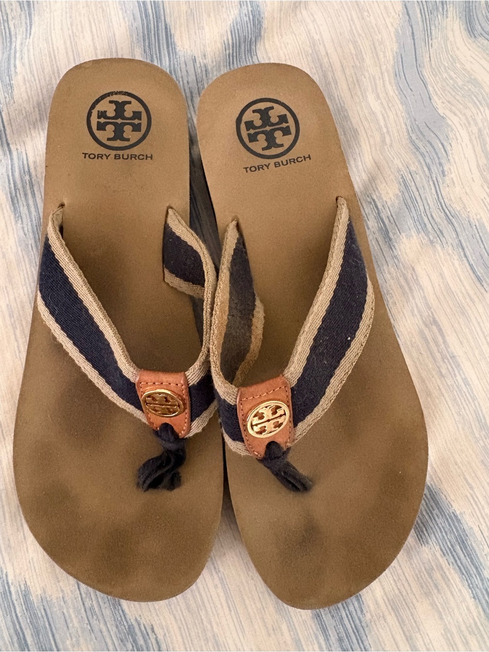 Tory Burch Frankie wedge gold logo, canvas platform flip-flop